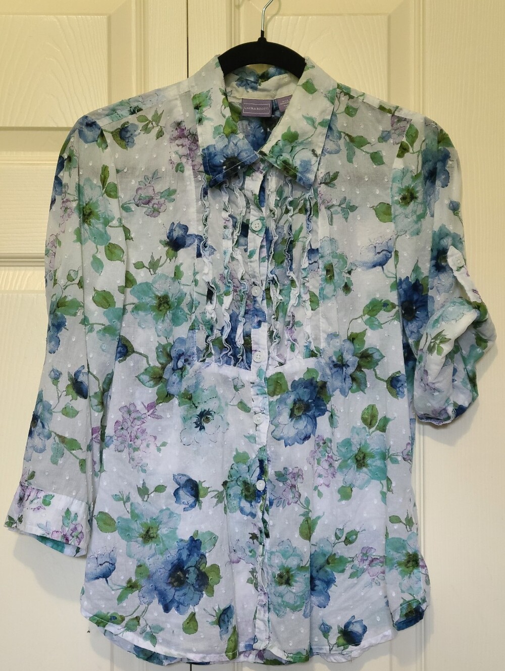 Laura Ashley Floral 100% Cotton Swiss Dot Ruffle Button Down Blouse Size Small